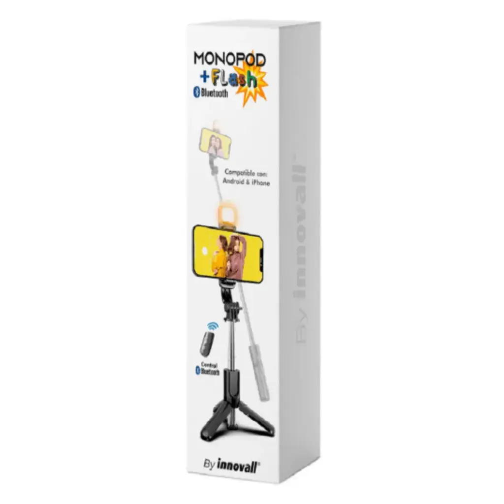 Trípode Selfie Stick Monopod MP-13 (Negro) – Bastón Selfie 3 en 1 con Luz LED de Relleno y Control Bluetooth
