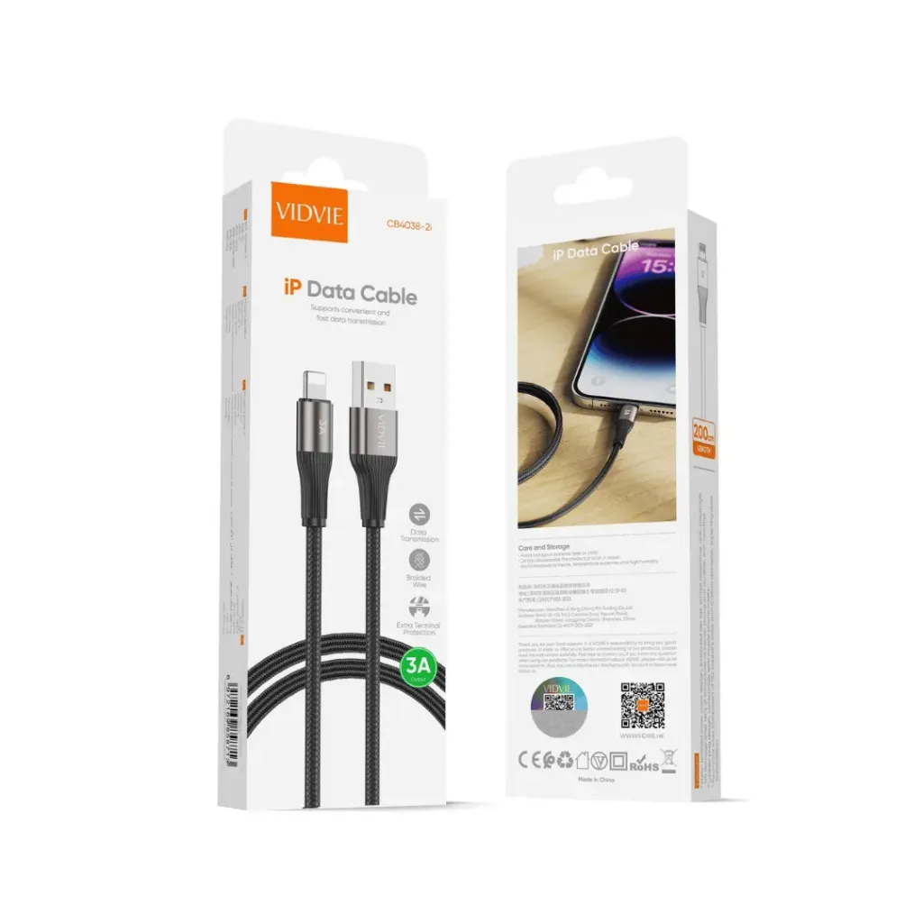 Cable VIDVIE Usb a Ligthning (Iphone) 2mts 3A CB4038-2i (Negro)