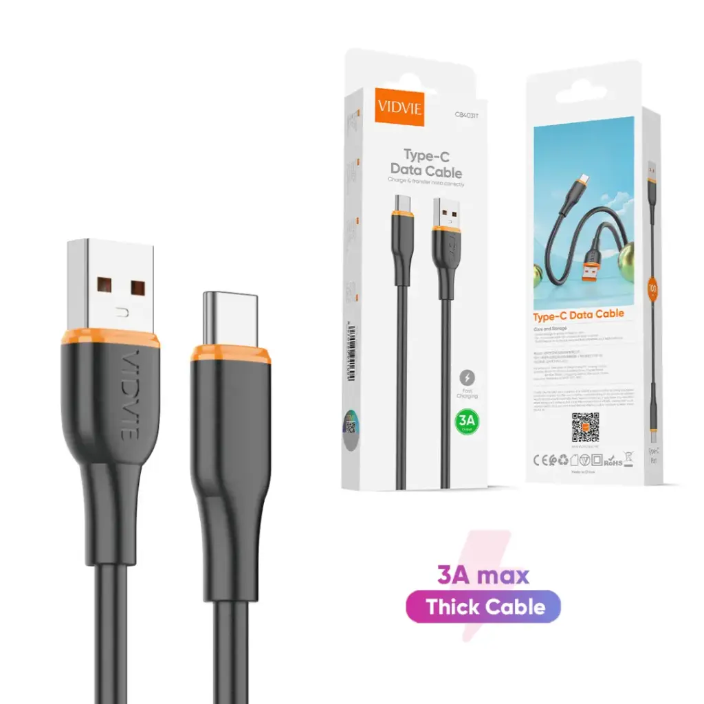 Cable Vidvie USB a Tipo C 1 mtr 3A CB4031T (Negro)