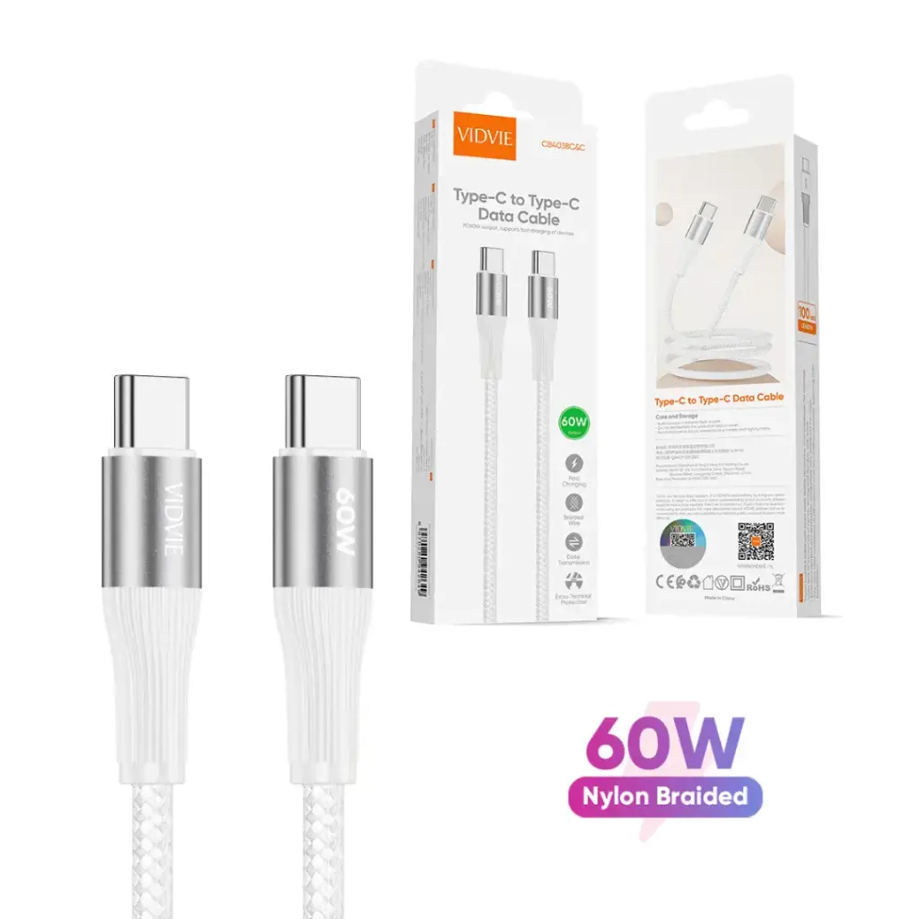 Cable VIDVIE tipo C a tipo C 60W 2mts CB4038