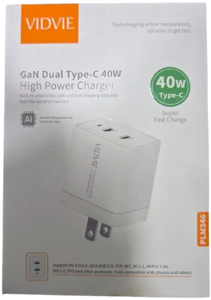 Cargador doble puerto Vidvie 40w Tipo C