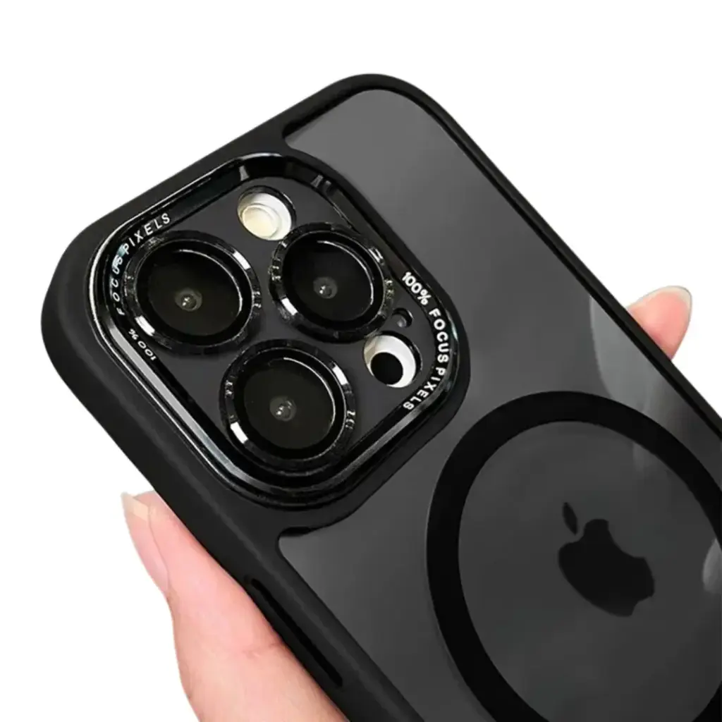 Case Transparente Magsafe Borde Color y Lente de Metal (Negro, iPhone 15)