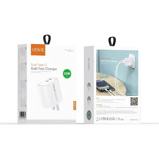 [013008] Cargador doble puerto Carga rápida Tipo C con cable incluido Tipo C a Lightning (Iphone) 33W, Vidvie PLM360